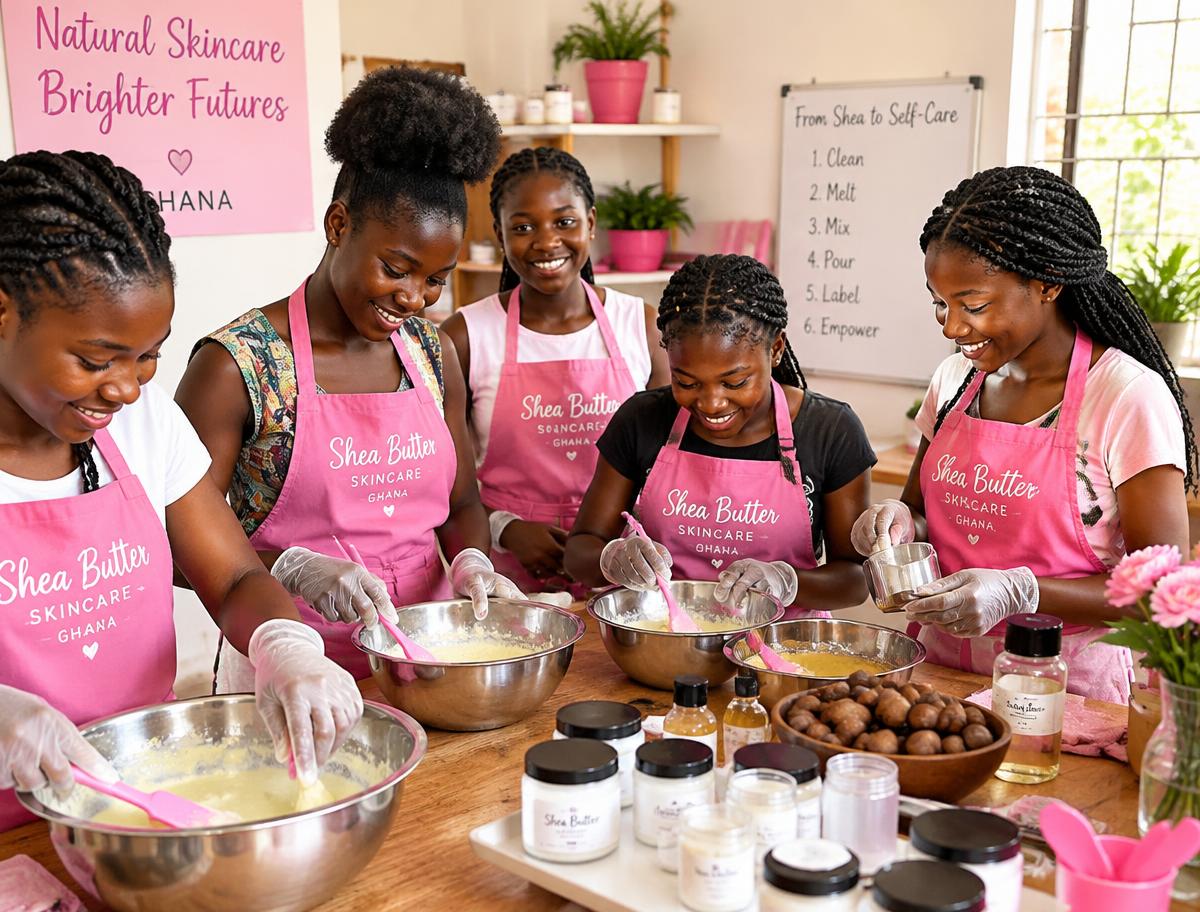 Girls making shea butter skincare at a workshop